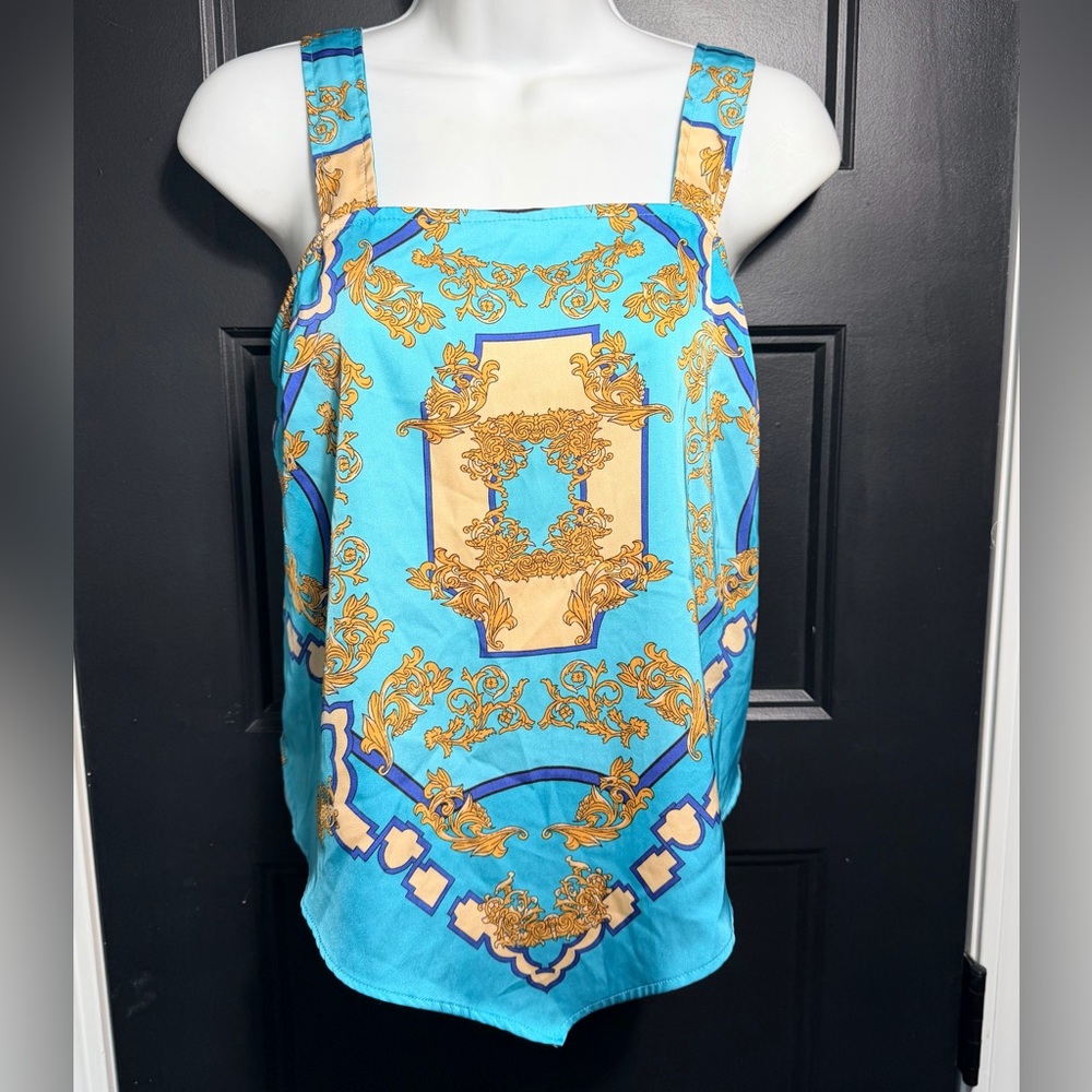 Rachel Zoe Blue and Gold Ornate Scarf Tank Top Size XS